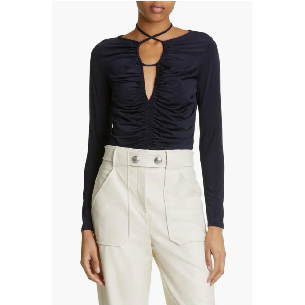 Veronica Beard Navy  Roque Ruched Tie Back Top, 0